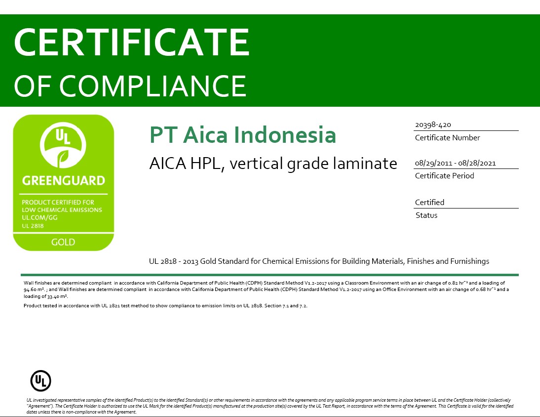Chứng chỉ Greenguard Gold cho laminate AICA
