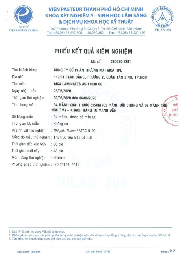 chứng chỉ kháng khuẩn laminate AICA